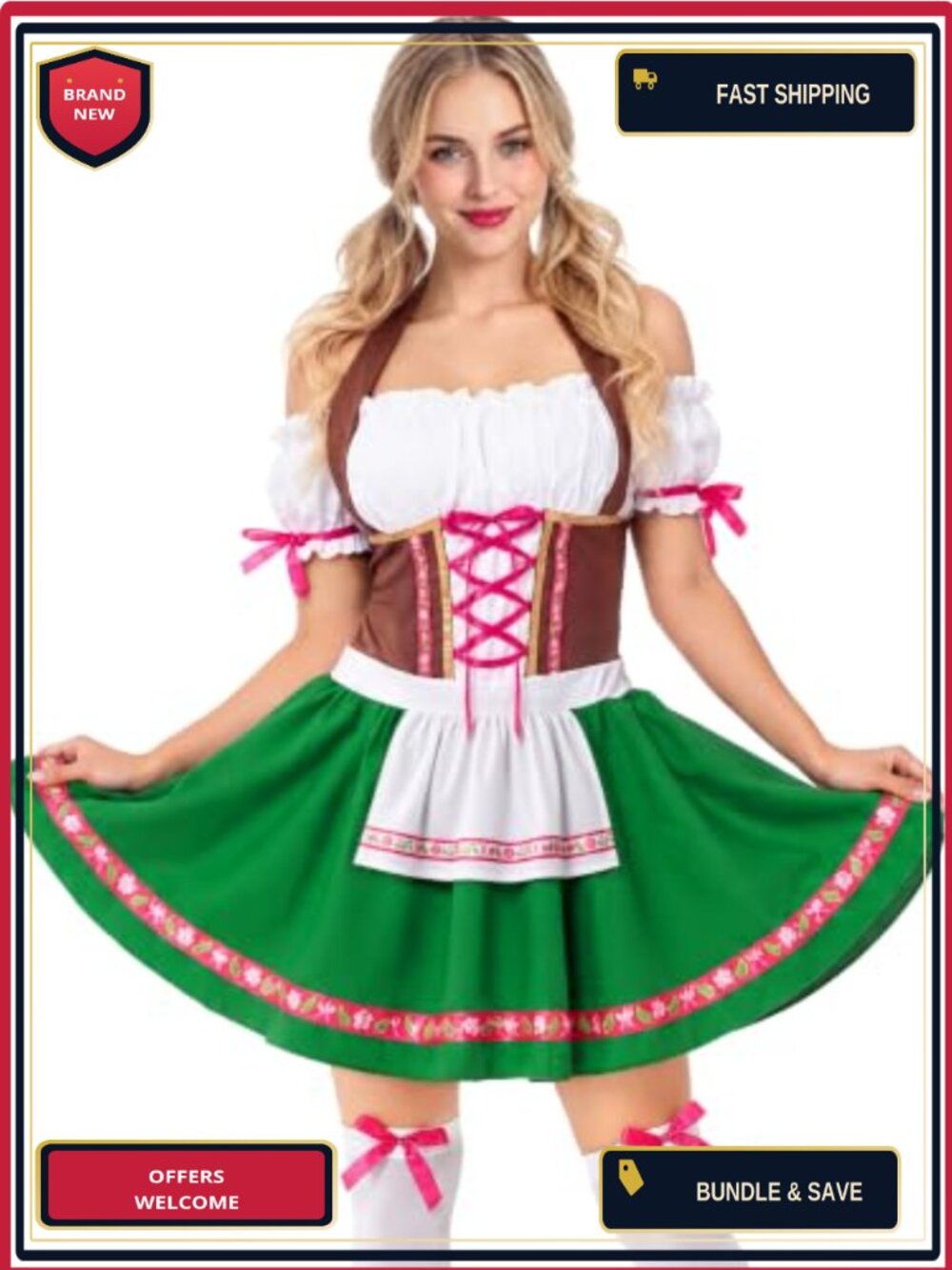 Oktoberfest Dirndl Costume Set Dress & Stockings Women Halloween Cosplay